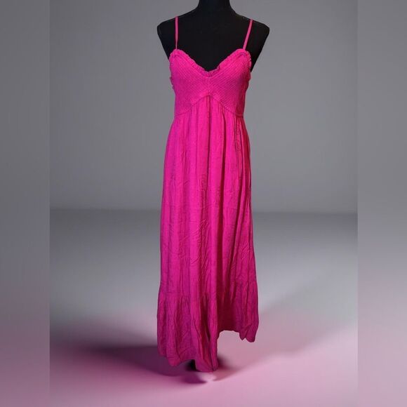 💞 Gigio fuchsia pink smocked spaghetti strap embroidered floral maxi dress small - Picture 2 of 10
